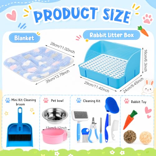 15 Pcs Rabbit Starter Kit Small Rabbit Litter Box Girls Gift Animal Grooming Kit Bunny Toys Bowl Blankets with Cleaning Set for Guinea Pig Accessories (Bright Blue)