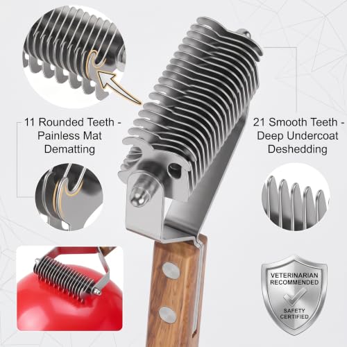 2 Sided Undercoat Rake for Dogs and Cats (L / Wood color)