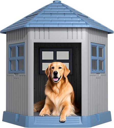 Dog House Indoor Outdoor Durable Large Dog Shelter with Outside Dog Kennel with Window and Elevated Floor for Small Medium Dogs (Blue / 34.8*30.51*36.89)