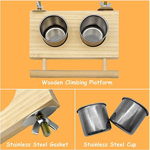 Bird Food Stainless Steel Cups Wooden Perch Stand Hanging Feeder Bowls Feeding and Watering Supplies for Parakeets Conures Cockatiels Budgie Parrot (Large)