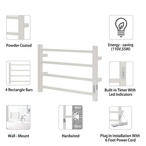 Towel Warmer 4 Bars for Bathroom Wall Mounted Bath Towel Heater Hardwired and Plug (4 Bars / Square-white)