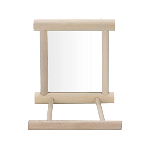 Bird Mirror with Perch for Parakeet Cage Bird Toys (Wood color)