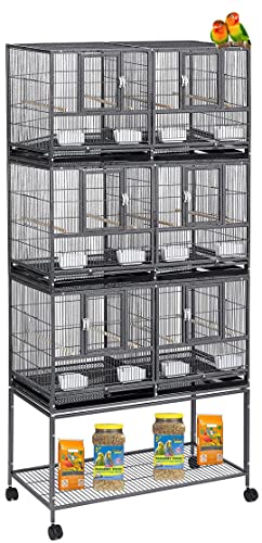Triple Stackable Sturdy Wrought Iron Center Divided Breeder Breeding Bird Flight Double Rolling Cage Side Nesting Doors Easy Clean Pull Out Tray Aviaries Canaries Cockatiels Lovebirds Finches Budgies (Black Vein)