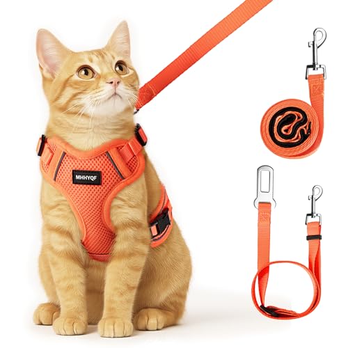 Cat Harness and Leash for Walking Escape Proof Soft Adjustable Cat Leash Breathable Comfortable Vest Easy to Wear Kitten Harness for Outdoor Travel (Orange / Small)