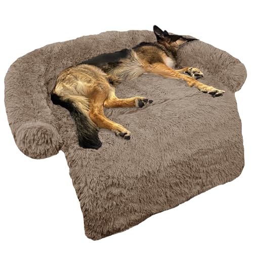 Calming Dog Bed Fluffy Plush Dog Mat for Furniture Protector with Removable Washable Cover for Large Medium Small Dogs and Cats (Camel / 45.0"L x 37.0"W x 6.0"Th)