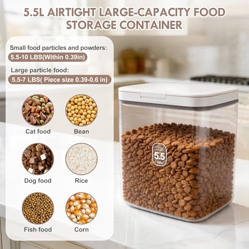 5-7Lbs/5.81Qt/5.5L Airtight Dog Cat Food Storage Container and Pet Storage Bin BPA-Free. PET Clear Stackable Dog Treat Containers for Pet Food/Rice/Dry/Cereals/Flour/Sugar/Bread (White-5.5L-C)
