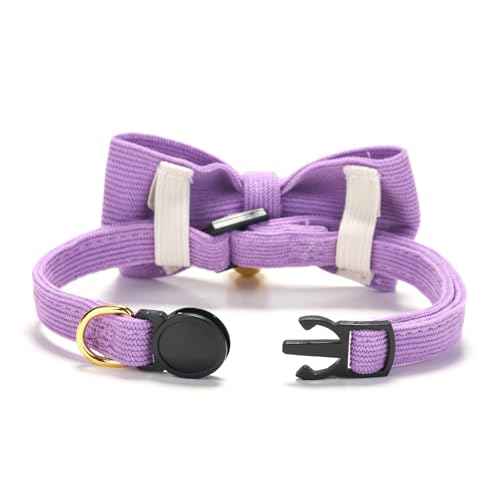 2 Pack Soft Corduroy Cat Collars with Bow Tie & Bell (XS:Neck 6" - 9.4" / Corduroy-Pink Purple)