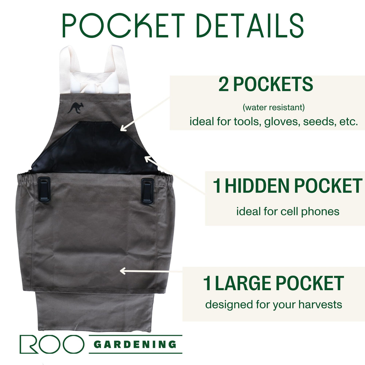 Roo Gardening Apron with Pockets for Women & Men (Roo-full Size / Taupe Grey)