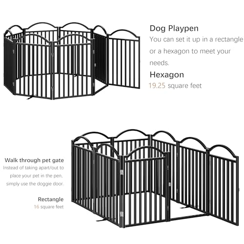 Metal No Assembly Freestanding Dog Gate with Door Walk Through (Black / 8 panels 196"W*32"H HFG)