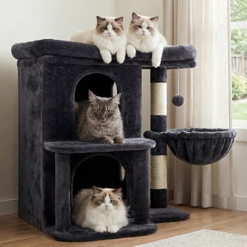 25.6" Cat Tree for Large Cats with Big Perch & Dual Condos HCT204SG (Smoky Gray / 25.6 inch)