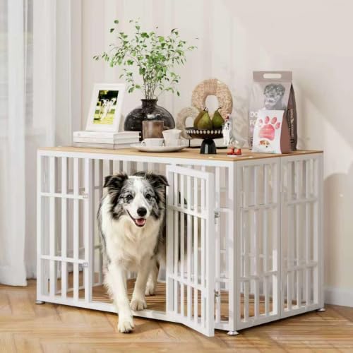 46 Inch Heavy Duty Dog Crate Furniture for Large Dogs (45.8"L x 27.5"W x 28.7"H / White+Wood)