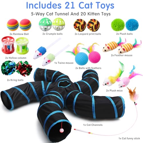 21 Pcs Cat Tunnel for Indoor Set Collapsible 5 Way Tubes with 20 Pcs Cat Kitten Toys Interactive Feather Toy Mouse Crinkle Balls Tube for Puppy Kitten Rabbit (Blue Black)