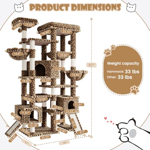 87 in Multi Level Tall Cat Tree Tower for Large Cats (Leopard Print)