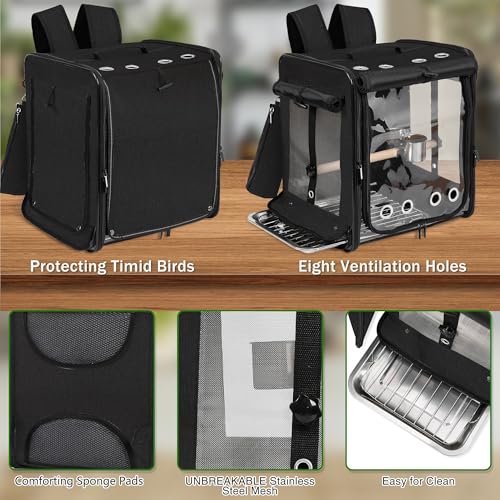 Bird Carrier with Seat Belt for Car Travel (13.5"L x 10.0"W x 15.5"H / Black)