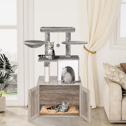 Cat Litter Box Enclosure with Tree Tower and Condo (Grey)