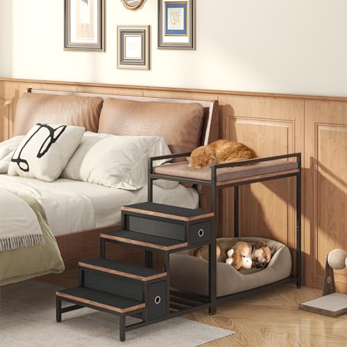 Pet Bunk Bed with Removable Stairs and 2 Drawers (Brown+Black)