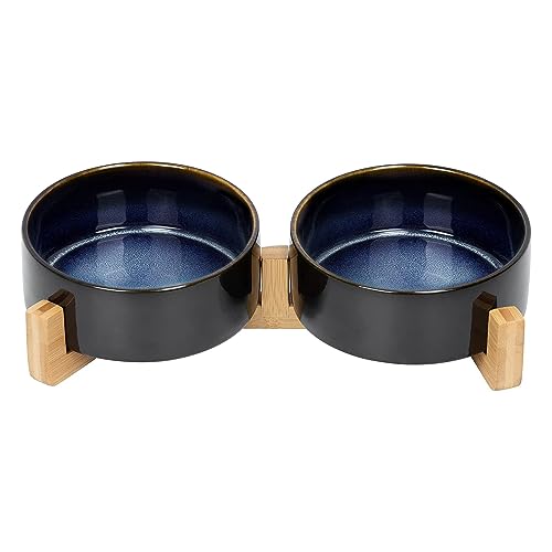Ceramic Dog and Cat Bowl Set with Wooden Stand (1.7 cups / Starry Blue × 2)