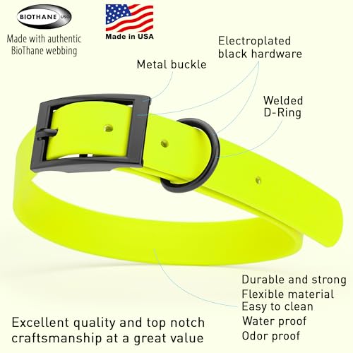 Biothane Waterproof Dog Collar Strong Coated Nylon Webbing with Black Hardware Odor (W1" x L22"-25" / Safety Yellow)
