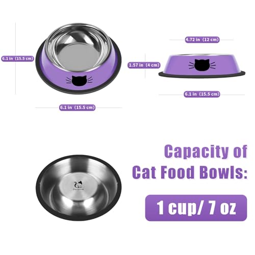 3 Pcs Non Slip Stainless Steel Small Cat Food Bowls (Purple, Green, Orange / 7 oz)