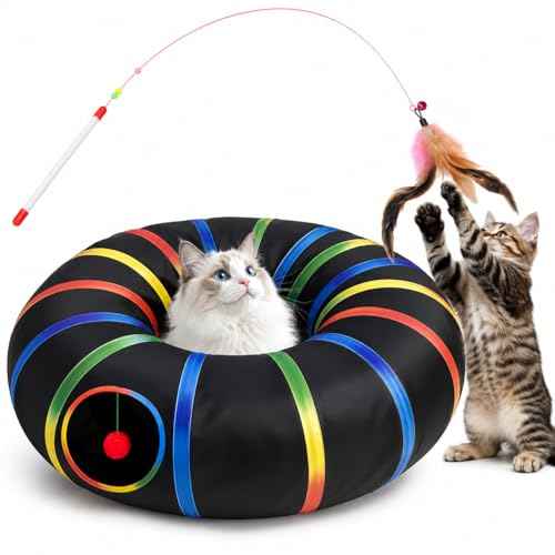 Cat Tunnel Toy with Plush Ball & Cat Wand Feather Toys (1 Pack - Round Tunnel / Black)