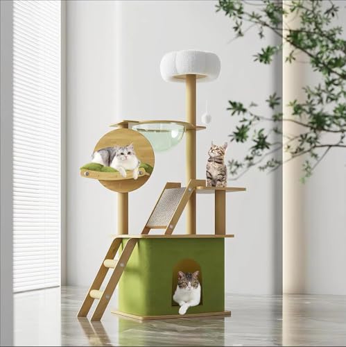 59.1-Inch-Green Cat Tree for Indoor Cats Large Adult, with Cat Condos,Cat Scratchers,Cat Hammock,Space Capsule, Plush Jumping Platform,Hanging Ball,Cat Trees for Indoor Cats(Green/Log Color) (Y18)