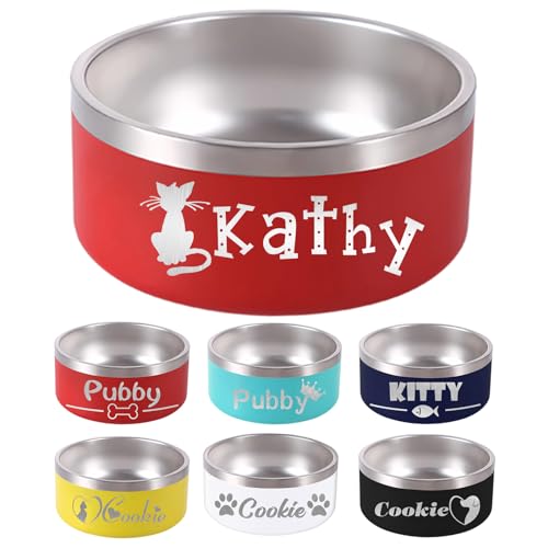 Custom Dog Bowl Personalized Dog Bowls with Name Stainless Steel Non (Red / 42 oz (2.5x7.25in))