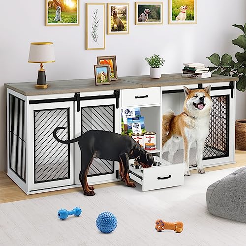 85" XXL Heavy Duty Wooden Double Dog Crate Furniture for Large Dogs Divided (85.0"L x 24.0"W x 33.0"H / White)