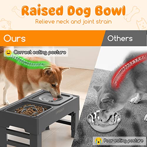 2-in-1 Elevated Slow Feeder Dog Bowls with No-Spill Water Bowl (Grey / Slow Feeder)