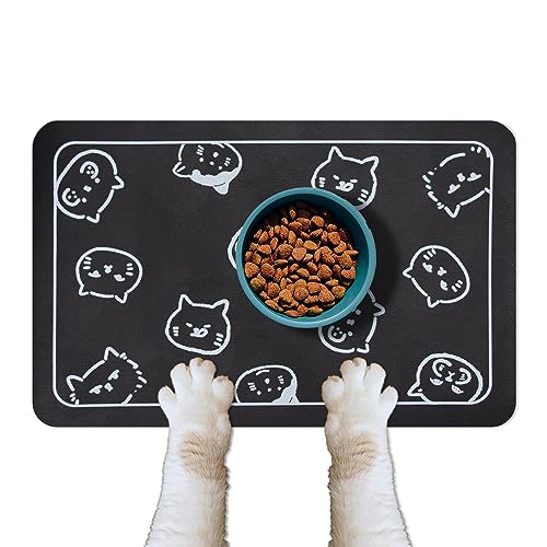 Cat Food Mat for Pet Dogs (Black & Multiple cat heads Logo / 18.1"L x 11.8"W)