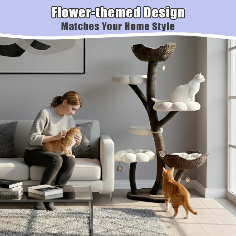 Floral Large Cat Tree with Handcrafted Basket Beds & Flower Perches