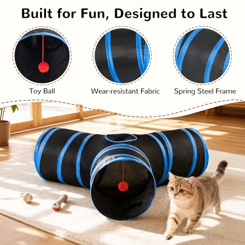 Cat Tunnel, 3-Way Collapsible Toy for Indoor Cats, Royal Blue (Black & Royal Blue / Small)
