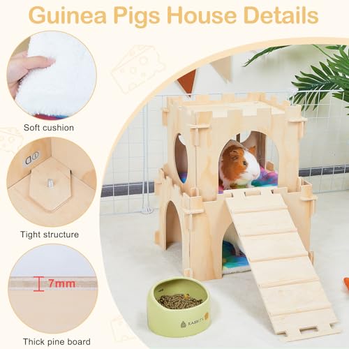 2 Pack Wooden Guinea Pig Hideout House with Stairs & Mats (2 Houses / Wood Color)
