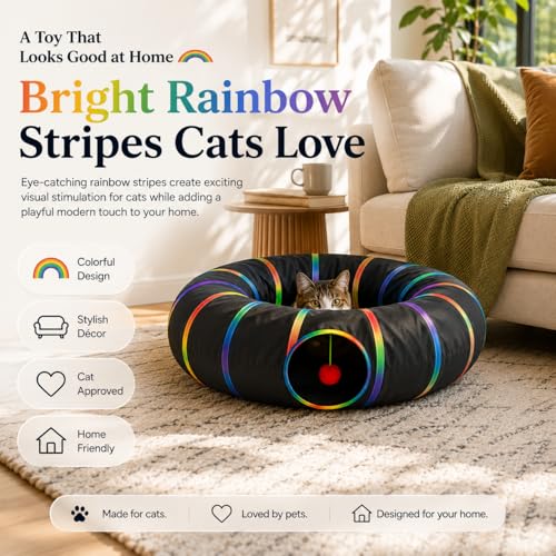 Cat Tunnel Toy with Plush Ball & Cat Wand Feather Toys (1 Pack - Round Tunnel / Black)