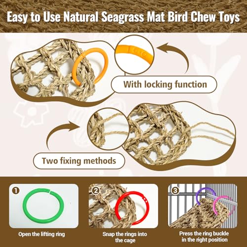 2Pcs 29.5 x 7 inches Large Bird Seagrass Mat Grass Woven Net Parrot Hammock Mat Parakeet Climbing Rope Ladder with Hooks Bird Cage Accessories for Conure Cockatiel Budgie Macaw Bearded Dragon (2PCS)