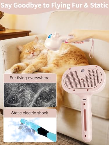 3 in 1 Dog Cat Steam Brush with Storage Rope for Shedding Massaging Grooming (Pink)