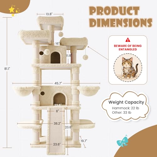 81 Inches Extra Large Cat Tree for Indoor Adult Cats (81in / Beige)