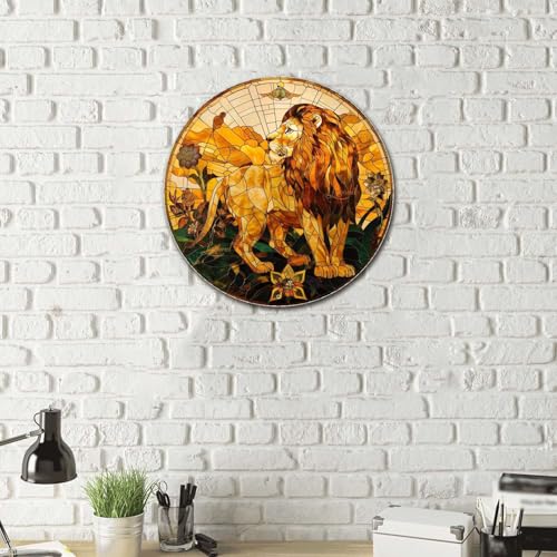 Metal Sign Tin Sign Circular Stained Glass Lion Greenhouse Decor For Pub 12×12 Inches (12×12 Inches / Lion-1)