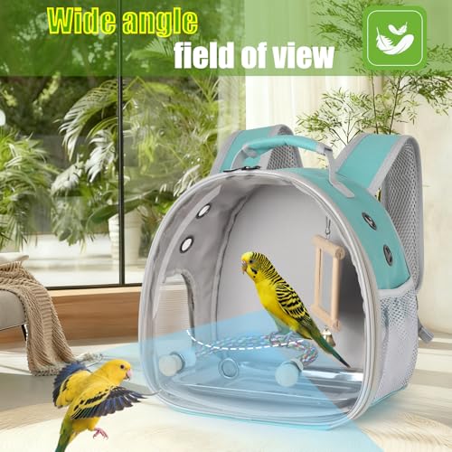 Parrot Travel Carrier Bubble Window Backpack with Mirror Standing Toy (Green / 12.0"L x 8.0"W x 12.0"H)