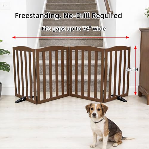 Foldable Freestanding Indoor Dog Gate for House Wood Long Pet Gates Dog Fence for Stairs Puppy Gates for Hallways (Brown / 【4 Panels】80''w X 24''h)