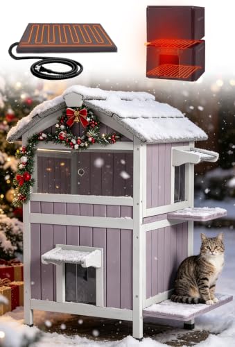 Outdoor Heated Cat House for Outdoor Cats (Grey / Gable Roof - 26.8"W)