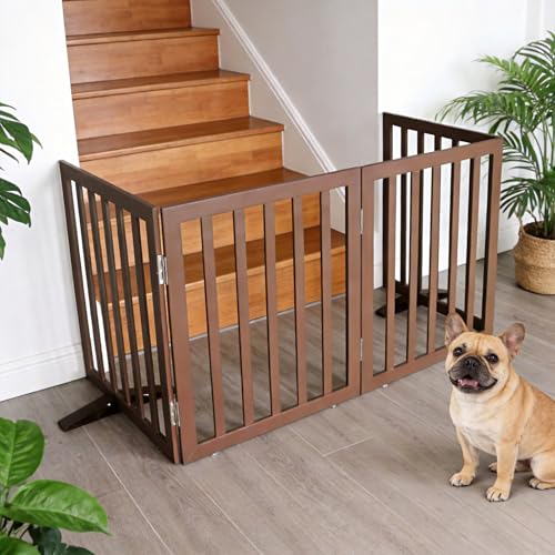Freestanding Indoor Dog Gate for House Foldable Wood Puppy Gate for Doorways Pet Gate for Stairs Extra Wide Pet Fence (Brown / 【2 Panels】40''w x 24''h)