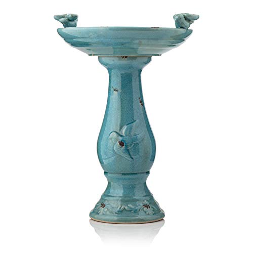 25" Tall Outdoor Ceramic Antique Pedestal Birdbath with 2 Bird Figurines (Turquoise)