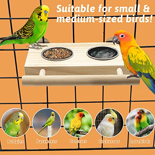 Bird Food Stainless Steel Cups Wooden Perch Stand Hanging Feeder Bowls Feeding and Watering Supplies for Parakeets Conures Cockatiels Budgie Parrot (Large)