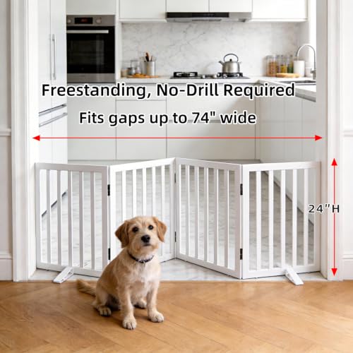 Freestanding Indoor Dog Gate for House Foldable Wood White Puppy Gate for Doorways Pet Gate for Stairs Extra Wide Pet Fence 24" Height 4 Panels (White / 【4 Panels】80''w x 24''h)