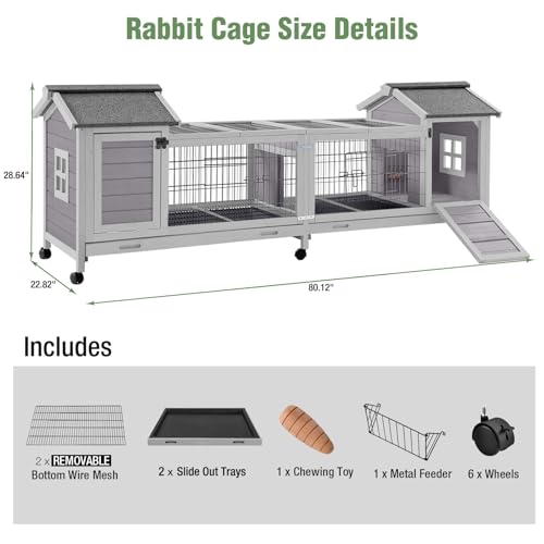 Wooden Rabbit Hutch with Wheels (Grey / 22.8"L x 80.1"W x 28.6"H)