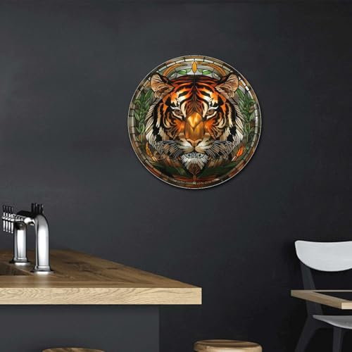 Metal Sign Tin Sign Circular Stained Glass Tigle Minimalist Wall Art for Home Decor 8×8 Inches (8×8 Inches / Tigle-3)