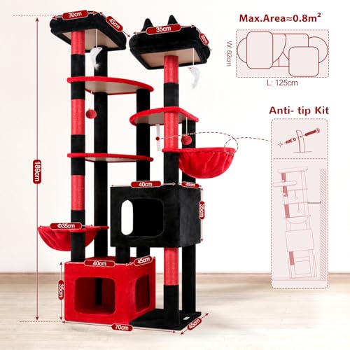 S74E Pro Gothic Heavy Duty Maine Coon Cat Tree for Large Cats (Black Red / 74 inch)