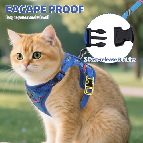Cat Harness and Leash Set Escape Proof Reflective Cat Walking Harness Adjustable Soft Breathable Mesh Vest for Small Pets (S (NECK 9.5"-11", CHEST 13"-16") / Blue(Cars))