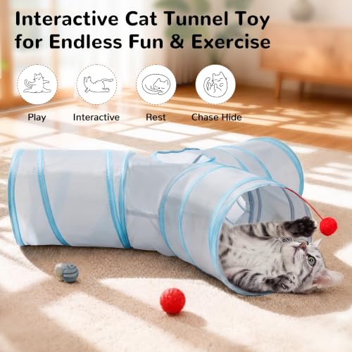 Cat Tunnel, 3-Way Collapsible Toy for Indoor Cats, Grey & Blue (Light Grey&Blue / Small)