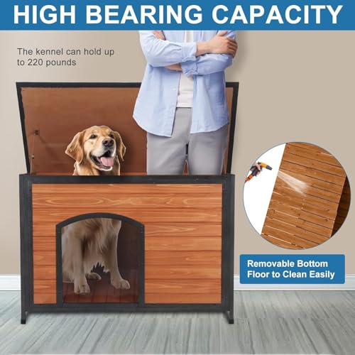 Outdoor Wooden Dog House Weatherproof Metal Frame Chew Proof Pet Shelter (34.3"Length)